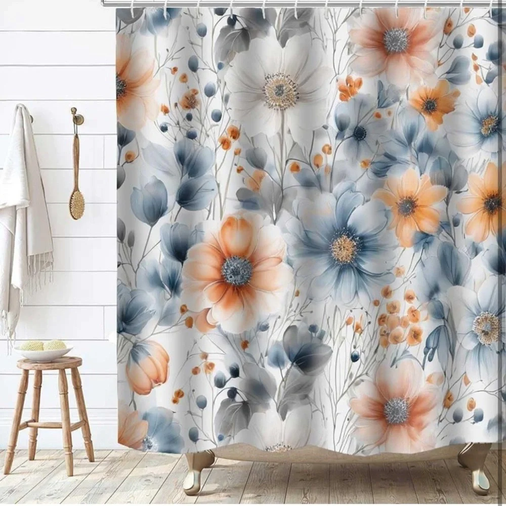 Floral Shower Curtain - Blue, Orange, Gray